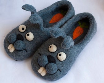 Felted Wool Slippers for Men: Gray Rabbit Design