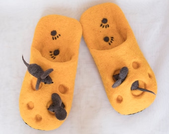 Women’s Felted Slippers with Mice – Funny Wool House Shoes – Cozy Handmade Mouse Slippers in Cheese – Unique Gift for Her