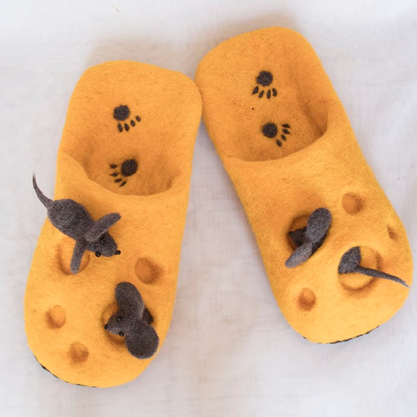 Crazy Felted  slippers with mice - Women's yellow woolen slippers - mouse slippers in cheese - funny gift