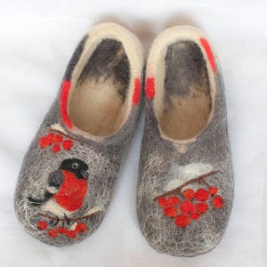 Felted women's slippers with a bird - wool women's slippers with a bullfinch - felted art slippers