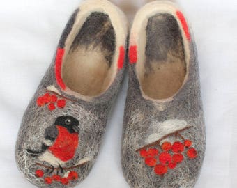 Felted women's slippers with a bird - wool women's slippers with a bullfinch - felted art slippers