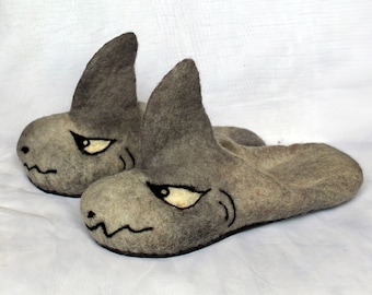 Men's felted slippers  shark - Gray men's slippers - Shark slippers - Gift for shark lovers