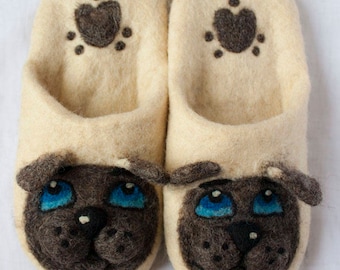 Women's felted slippers Siamese cat - women's wool slippers - gift for cat lovers