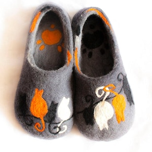 Gevilte wollen pantoffels/ cadeau kattenliefhebbers/ katten/ damesschoenen/ pantoffels