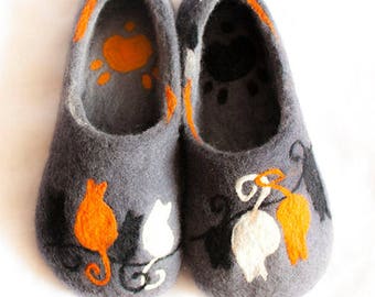 Pantoufles en laine feutrée/ cadeau pour amoureux des chats/ Chats/ chaussures pour femmes/ chaussons