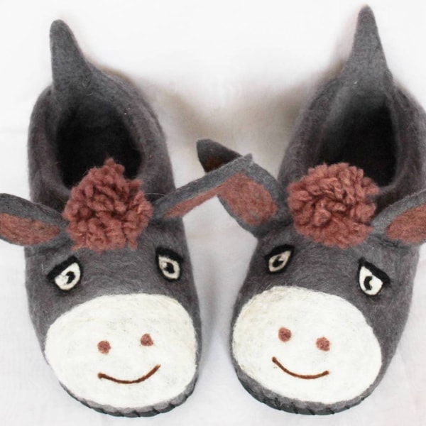Felted funny men's wool slippers Donkey. Gender-neutral gray wool indoor slippers