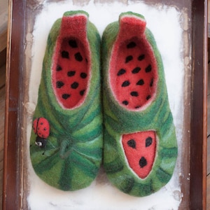 Felted women's slippers watermelon - women's house shoes green with red