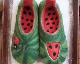 Felted women's slippers watermelon - women's house shoes green with red