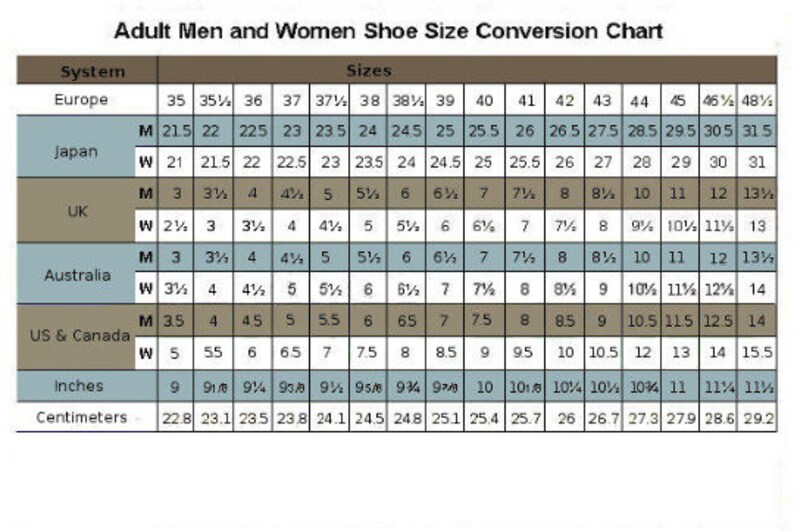 May include: A shoe size conversion chart for adults, showing sizes in European, Japanese, UK, Australian, US & Canadian, and inch and centimeter measurements.