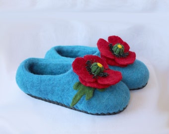 Felted women's slippers with poppy brushes - blue women's woolen slippers with poppies