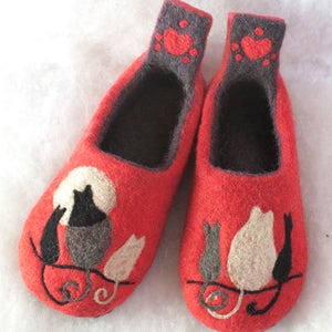 Gevilte damespantoffels, kattenliefhebbers kerstcadeau, damesschoenen, pantoffels met kattenprint, cadeau kattenmoeder