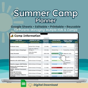 Summer Camp Schedule Planner, Google Sheets Tracker for Multiple Kids