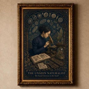 May include: A framed art print titled THE UNSEEN NATURALIST, She Found Universes in the Small. It depicts a person using a brass microscope, surrounded by an open botanical book, a glass cloche with plants, and scientific illustrations in gold.