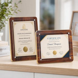 Könnte beinhalten: Zwei rechteckige Auszeichnungsplaketten mit dunkel gemaserten Holzrahmen und goldfarbenen Metallkanten. Jede Plakette hat eine klare Acrylfront, die mit vier silbernen Schrauben befestigt ist und ein Zertifikat zeigt. Eine ist vertikal für Harmony Solutions Ltd, die andere horizontal für Daniel Thompson.