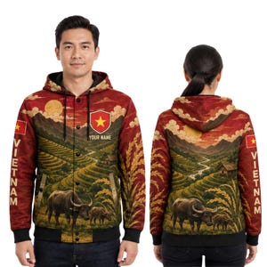 May include: A red hooded varsity jacket featuring a landscape print of rice terraces, mountains, and water buffalo. The design includes a shield with a yellow star, the text "YOUR NAME," and "VIETNAM" with a flag on the sleeves. It has black trim.