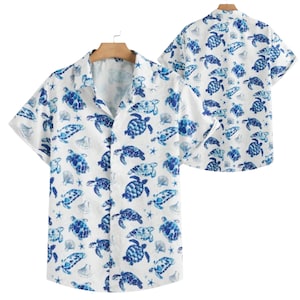 Men's Sea Turtle Hawaiian Shirt, Blue Coastal Beach Button Up, Ocean Summer Vacation Camp Collar Short Sleeve Resort Wear Gift for Him