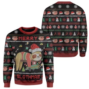 May include: A black long-sleeve crewneck jumper featuring a large graphic of a sloth wearing a Santa hat and holding a gift. The text MERRY SLOTHMAS is printed on the front. The jumper has a repeating pattern of snowflakes, trees, and sloths.