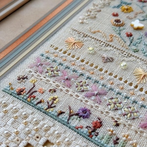 May include: A sampler of intricate needlework on light beige fabric featuring horizontal bands of floral embroidery, drawn thread work, and decorative stitching. The design includes small beads, a white butterfly charm, and pastel-colored threads.