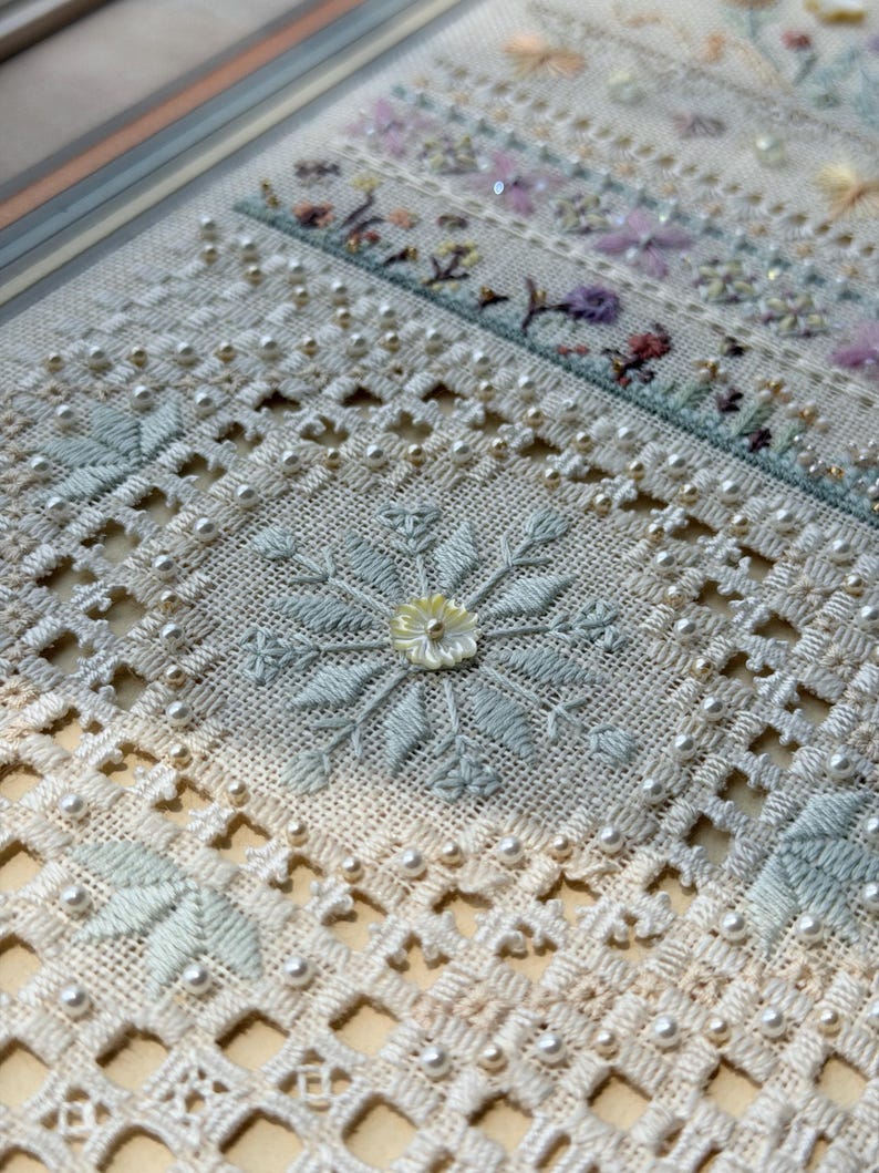 May include: A piece of cream-colored fabric featuring intricate needlework, including cutwork embroidery, light blue floral stitching, and small white beads. A central flower motif is accented with a small, iridescent mother-of-pearl button.