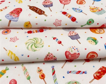 Tela de algodón con diseño de helado, dulces y comida linda y colorida, por media yarda
