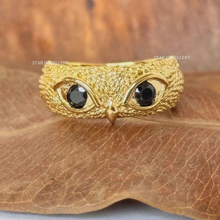 Textured Owl Moissanite Statement Ring, Black Eye Owl Wisdom Band 925 Sterling Silver VVS Ring, Anim