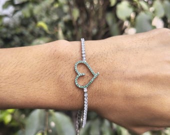 Sterling 925 Sterling Silver Green Heart Bracelet: Dainty Gemstone Tennis Bracelet
