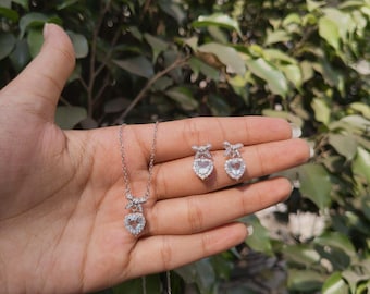 925 Sterling Silver Aquamarine Heart Bow Necklace Set
