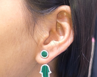 Green Hamsa Earrings: 925 Sterling 925 Sterling Silver Hand of Fatima