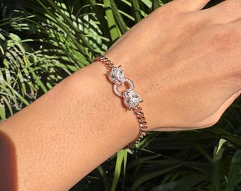 Double Panther Link Bracelet, 925 Sterling Silver Rose Gold Curb Chain
