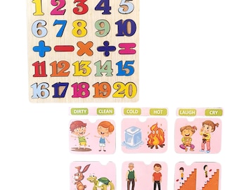 3D Zahlen- & Gefühlspuzzle für Kleinkinder | Montessori Holzrechnen Mathe Spielzeug | Frühlern-Lernspiel | Kindergeschenk