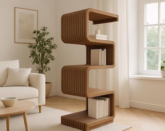Modern Sculptural Wooden Bookshelf | Wavy Zigzag Design | Minimalist Home Decor Furniture | Unique Handmade Storage