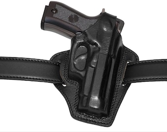 Beretta 84F Holster, 2 Slot Pancake OWB Leather Gun Holster Thumb Break RH Handmade
