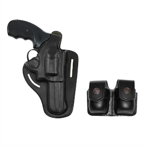 Può includere: Fondina in pelle nera con un revolver e una doppia tasca per caricatore separata. La fondina è progettata per adattarsi al revolver e ha un passante per cintura. La tasca del caricatore ha due scomparti con bottoni decorativi in metallo.