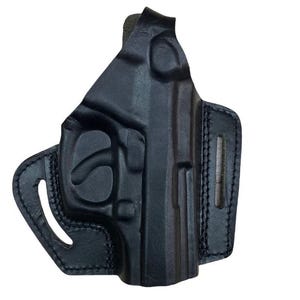 May include: A black leather holster designed to securely hold a handgun. The holster features molded details for a precise fit, a belt loop, and reinforced stitching. The overall design is sturdy and functional, suitable for concealed carry.