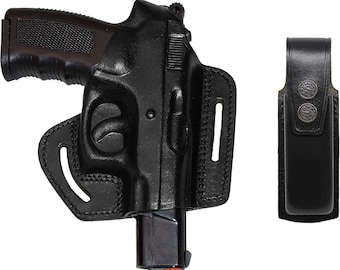 Funda de cuero CZ 75 Pancake OWB con apertura para el pulgar, 2 ranuras, hecha a mano, de cuero marrón