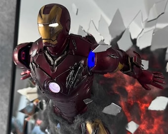 Arte de pared 3D de Iron Man: efecto espejo roto explosivo con LED, decoración coleccionable de superhéroes