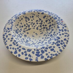May include: A round, speckled bowl with a white base and blue spots. The bowl has a slightly raised rim and is likely made of ceramic or a similar material. The blue spots are irregularly shaped and evenly distributed across the surface.