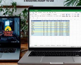 May include: Two laptops on a wooden surface. One displays the "TENET TOOLS" logo, the other shows a spreadsheet with data. Text at the top reads "THE SITE ENGINEER STARTER PACK" and "5 REGISTERS READY TO USE".