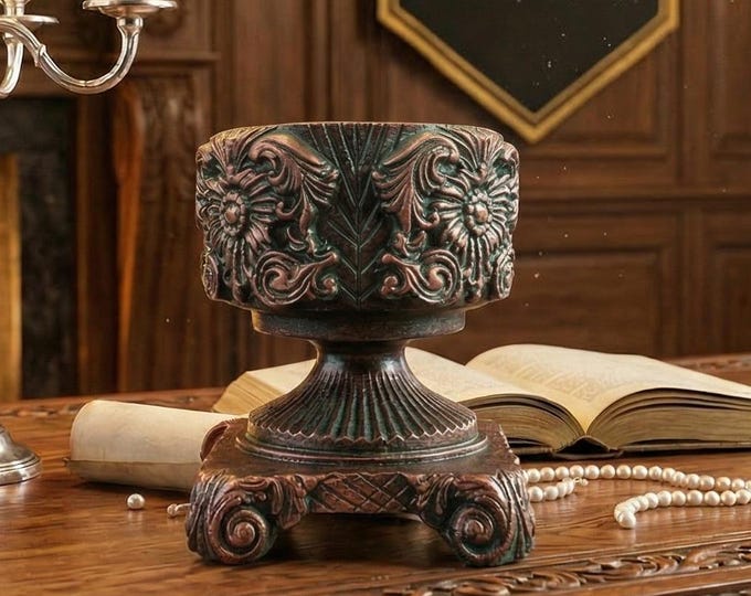 Ornate Plaster Urn Candle Holder - Red Copper