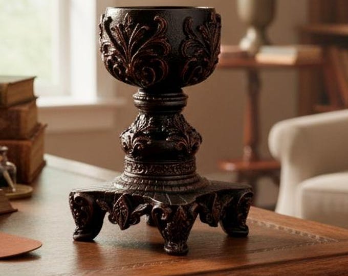 Grand Ornate Pedestal Candle Holder | Handcrafted Gothic-Inspired Decor | Red Copper Finish