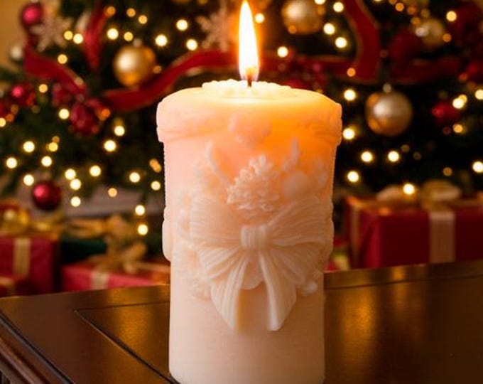Festive Bow & Garland Design Carved Pillar Candle for Christmas and New Year | Handcrafted Unscented Soy Wax Decor