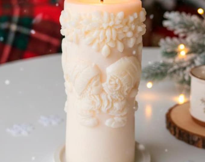 Carved Winter Pillar Candle | Unscented Soy Wax, Christmas Decor