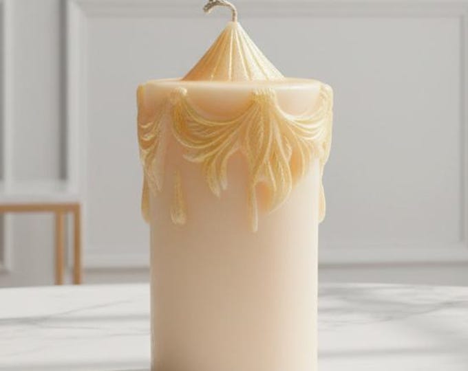 Ornate Dripping Wax Pillar Candle | Handcrafted Baroque Style Decor | Unique Artistic Gift