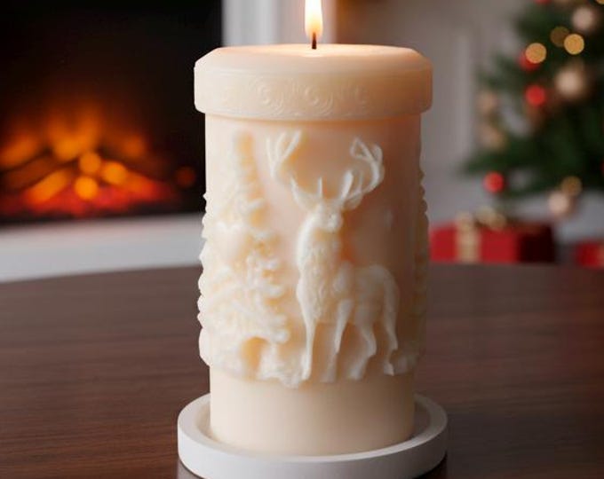Carved Stag Pillar Candle | Winter Forest Holiday Decor