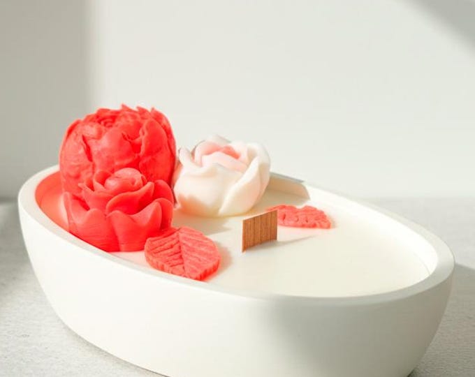 Floral Soy Wax Candle: Peony & Rose Botanical Art, Wooden Wick