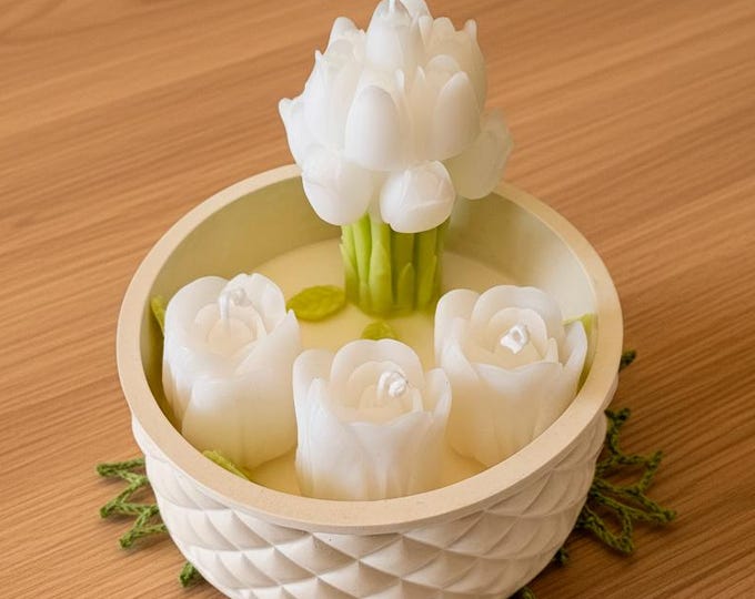 White Floral Soy Wax Candle: Botanical Art in Quilted Dish