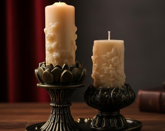 Floral Soy Wax Pillar Candle Set: Antique Bronze Lotus Holders & Tray