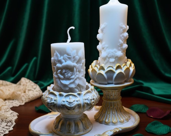 Handcrafted Floral Pillar Candle Set: Ornate Lotus Holders, Gilded Tray