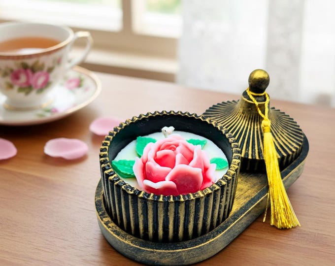 Pink Rose Candle in Gilded Box: Luxury Home Decor Gift