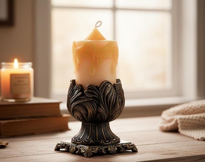 Embossed Ivory Pillar Candle with Antique Bronze Lotus Holder